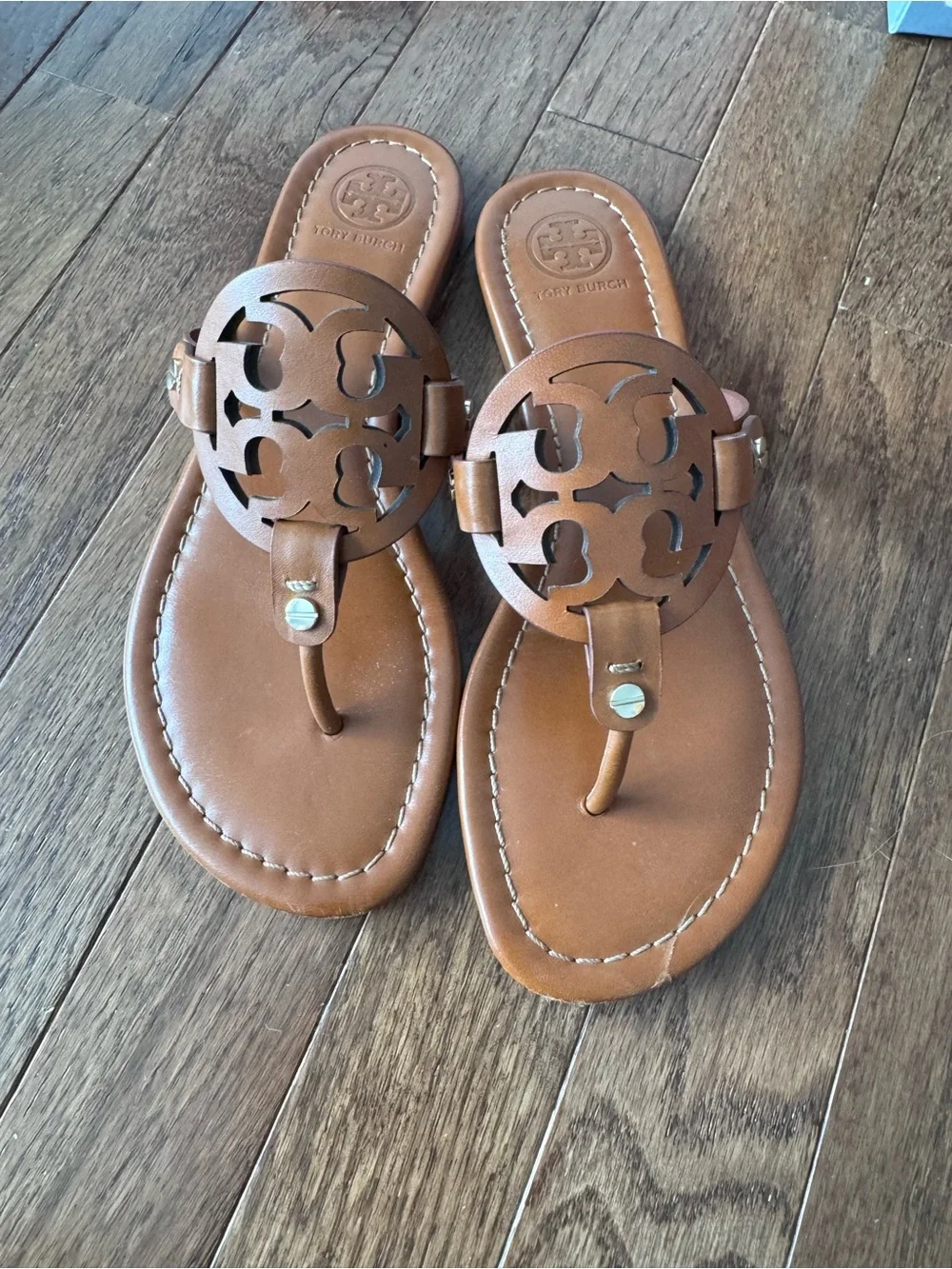 Tory Burch Tan Leather Logo Thong Sandals